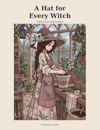 Front cover of A Hat for Every Witch: a witch in a wide pink hat potting a plant in a greenhouse