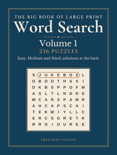 Front cover of The Big Book of Large Print Word Search, Volume 1 in dark blue with a letter grid and the word JUKEBOX circled