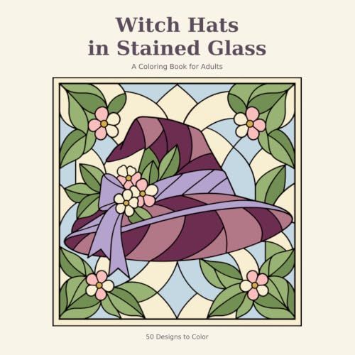Front cover of Witch Hats in Stained Glass: a purple witch hat with a ribbon bow set in a stained glass panel